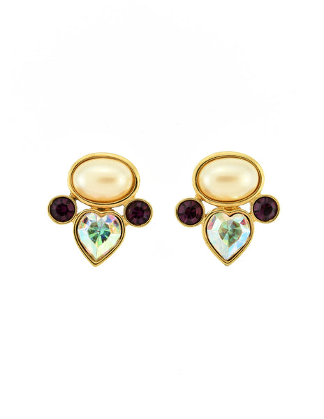 YSL Vintage Pearl Rhinestone Iridescent Heart Earrings