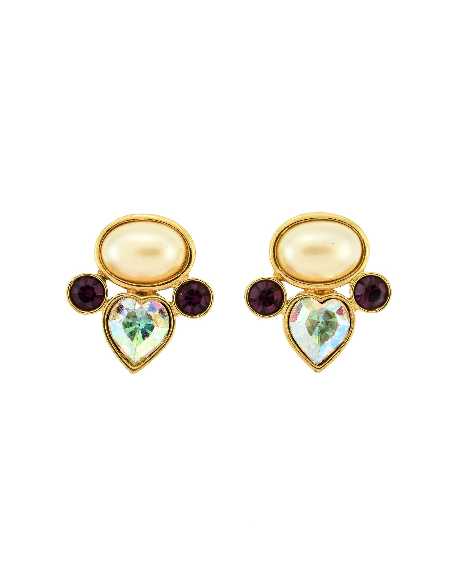 YSL Vintage Pearl Rhinestone Iridescent Heart Earrings