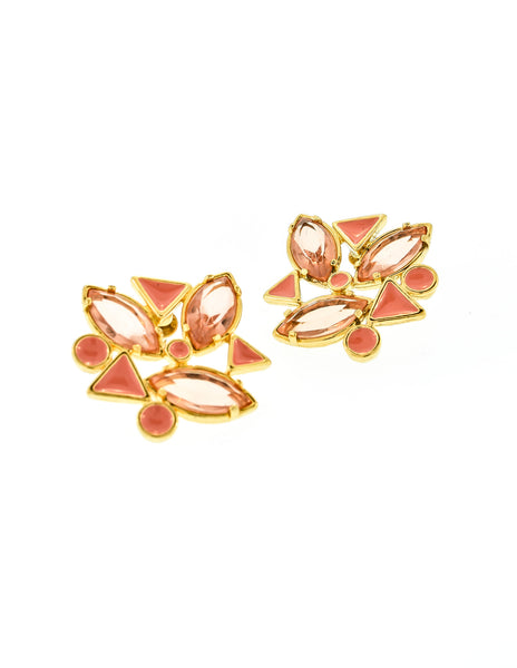 YSL Vintage Pink Enamel Rhinestone Geometric Earrings