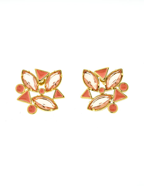 YSL Vintage Pink Enamel Rhinestone Geometric Earrings