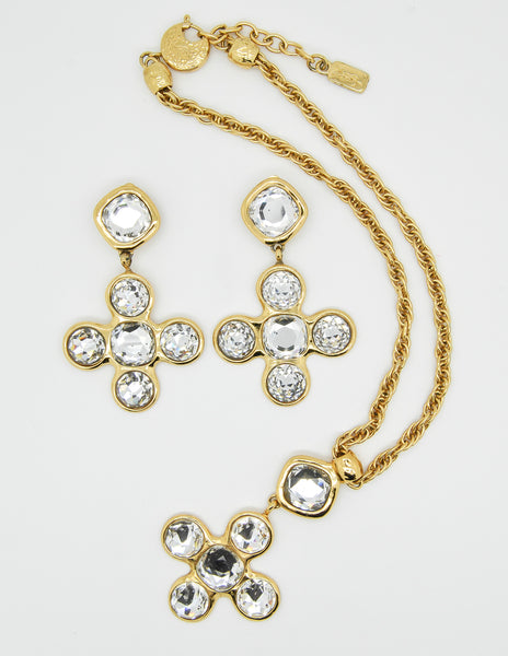 YSL Vintage Robert Goossens Crystal Byzantine Cross Necklace and Earrings Set