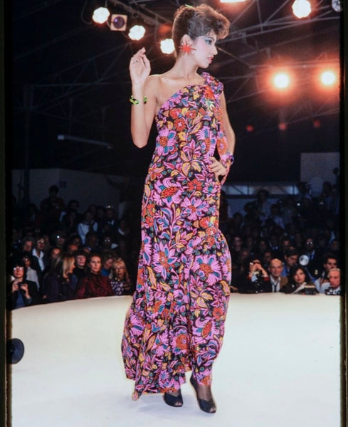 Yves Saint Laurent Vintage SS 1983 Black Multicolor Floral Silk Ruffle One Shoulder Dress