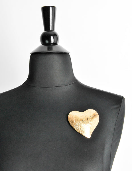 YSL Vintage Brushed Gold Signature Heart Brooch