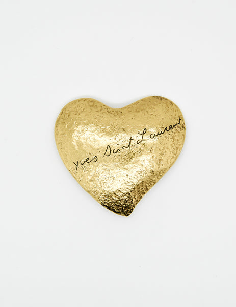 YSL Vintage Brushed Gold Signature Heart Brooch