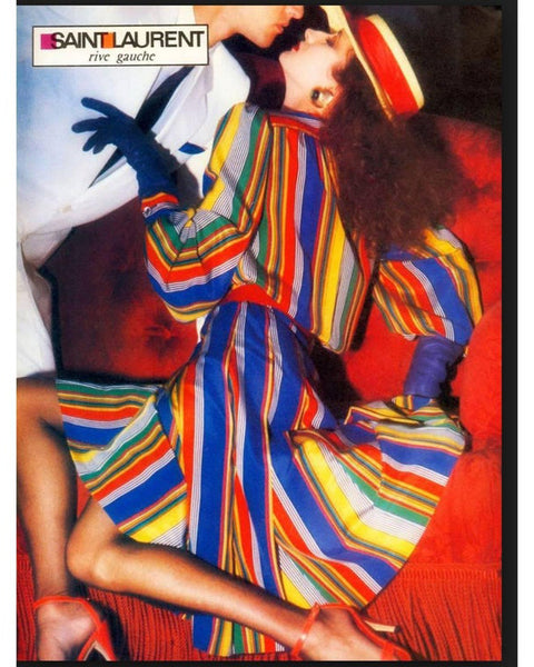 Yves Saint Laurent Vintage SS 1982 Red Primary Color Striped Silk Lavalliere Shirt