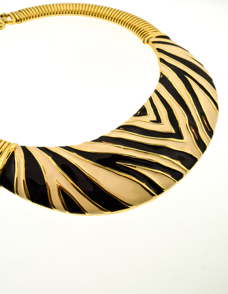 Givenchy Vintage Gold Omega Zebra Black and White Enamel Necklace