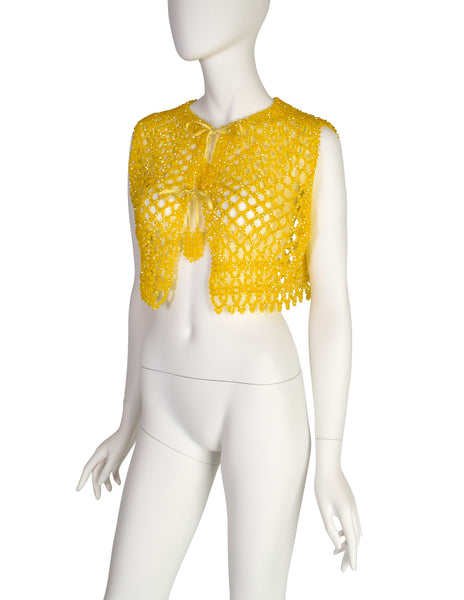 1960s Vintage Canary Yellow Aurora Borealis Iridescent Faceted Bead Vest