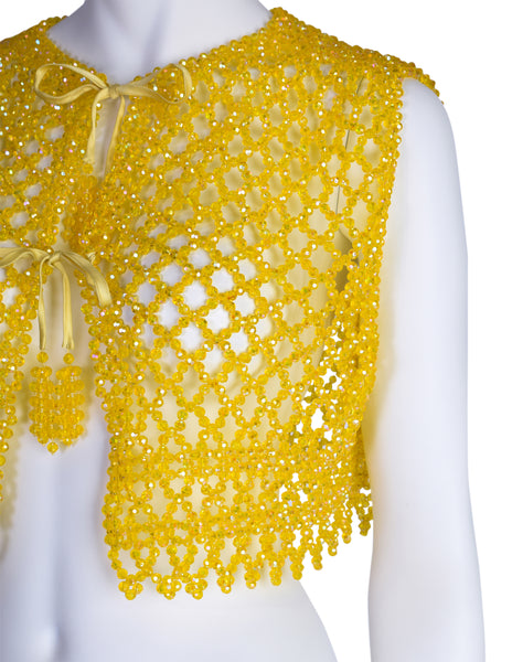 1960s Vintage Canary Yellow Aurora Borealis Iridescent Faceted Bead Vest