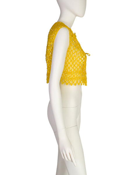 1960s Vintage Canary Yellow Aurora Borealis Iridescent Faceted Bead Vest