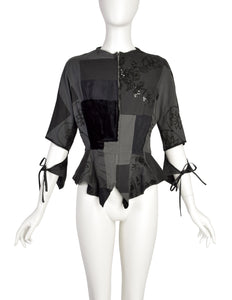 Yohji Yamamoto Vintage Blue Grey Patchwork Embroidered Beaded Sequin Floral Peplum Tail Top