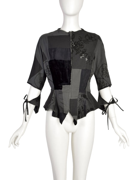 Yohji Yamamoto Vintage Blue Grey Patchwork Embroidered Beaded Sequin Floral Peplum Tail Top