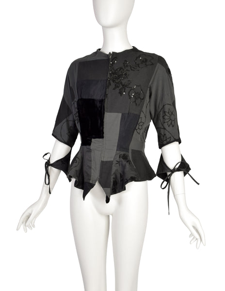 Yohji Yamamoto Vintage Blue Grey Patchwork Embroidered Beaded Sequin Floral Peplum Tail Top