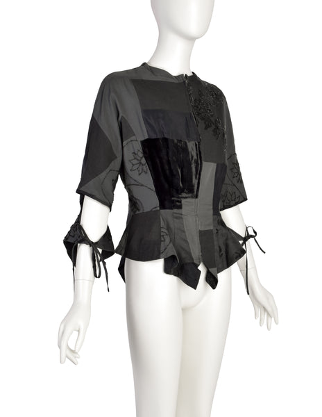 Yohji Yamamoto Vintage Blue Grey Patchwork Embroidered Beaded Sequin Floral Peplum Tail Top