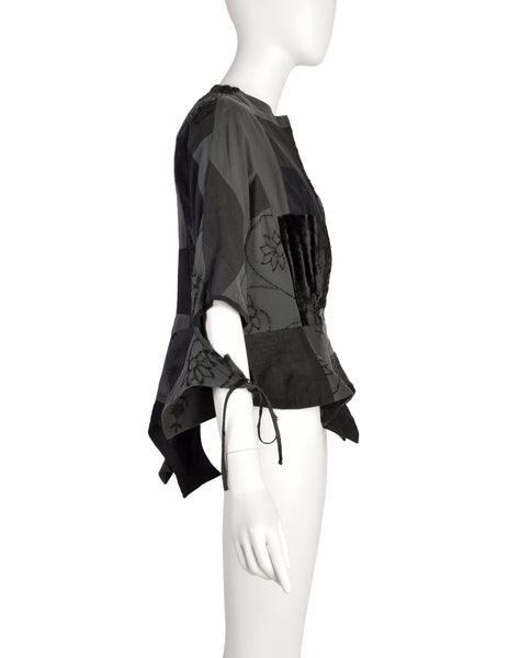 Yohji Yamamoto Vintage Blue Grey Patchwork Embroidered Beaded Sequin Floral Peplum Tail Top