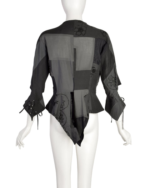 Yohji Yamamoto Vintage Blue Grey Patchwork Embroidered Beaded Sequin Floral Peplum Tail Top