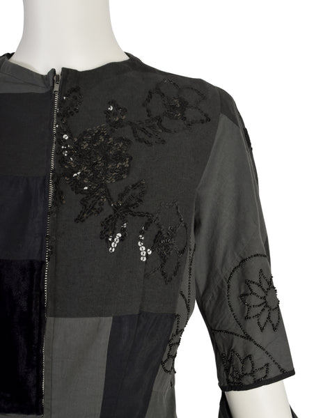Yohji Yamamoto Vintage Blue Grey Patchwork Embroidered Beaded Sequin Floral Peplum Tail Top