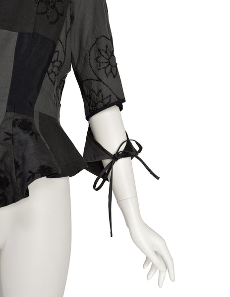 Yohji Yamamoto Vintage Blue Grey Patchwork Embroidered Beaded Sequin Floral Peplum Tail Top