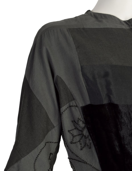 Yohji Yamamoto Vintage Blue Grey Patchwork Embroidered Beaded Sequin Floral Peplum Tail Top