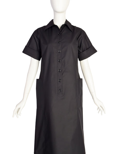 Yves Saint Laurent Vintage 1970s Black Cotton Collared Smock Dress