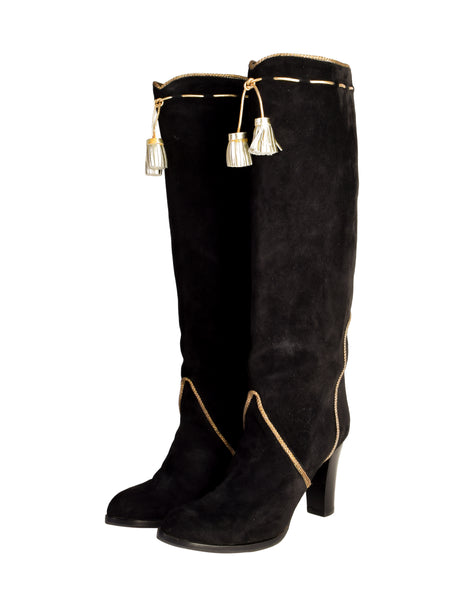 Yves Saint Laurent Vintage AW 1976-77 Black Suede Gold Tassel Knee High Heeled Boots