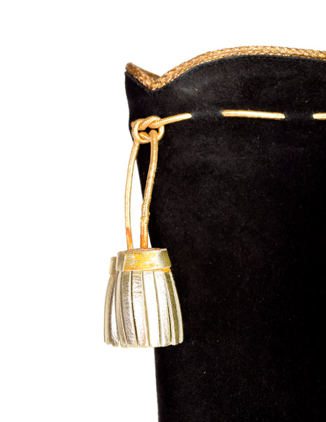 Yves Saint Laurent Vintage AW 1976-77 Black Suede Gold Tassel Knee High Heeled Boots