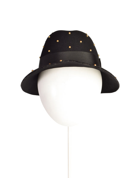 Yves Saint Laurent Vintage 1970s Black Wool Brass Studded Hat