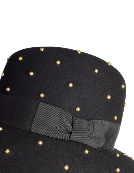 Yves Saint Laurent Vintage 1970s Black Wool Brass Studded Hat