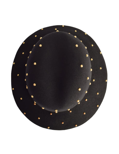 Yves Saint Laurent Vintage 1970s Black Wool Brass Studded Hat