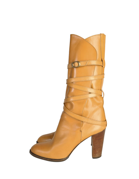Yves Saint Laurent Vintage AW 1977 Tan Leather Wrap Buckle Strap Mid Calf Boots