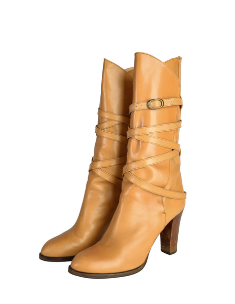 Yves Saint Laurent Vintage AW 1977 Tan Leather Wrap Buckle Strap Mid Calf Boots