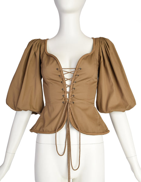 Yves Saint Laurent Vintage SS 1977 Greenish Brown Khaki Lace Up Corset Top
