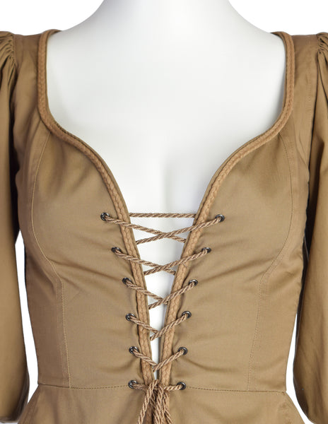 Yves Saint Laurent Vintage SS 1977 Greenish Brown Khaki Lace Up Corset Top