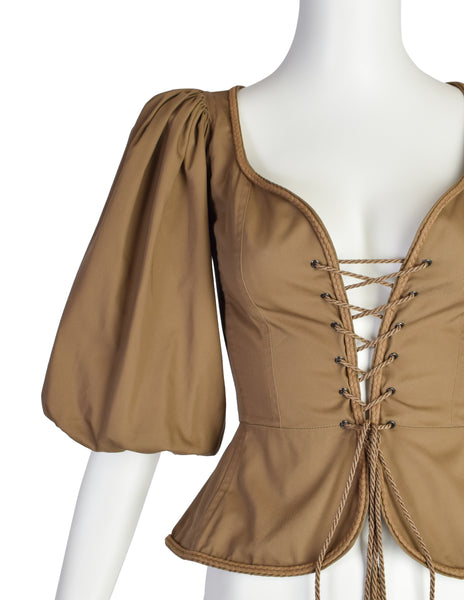 Yves Saint Laurent Vintage SS 1977 Greenish Brown Khaki Lace Up Corset Top