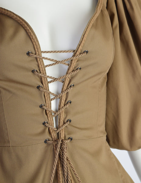 Yves Saint Laurent Vintage SS 1977 Greenish Brown Khaki Lace Up Corset Top