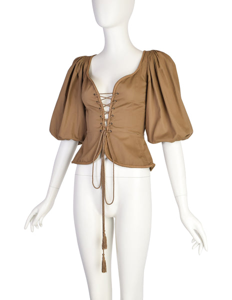 Yves Saint Laurent Vintage SS 1977 Greenish Brown Khaki Lace Up Corset Top