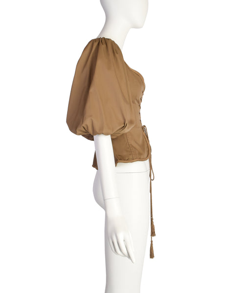 Yves Saint Laurent Vintage SS 1977 Greenish Brown Khaki Lace Up Corset Top