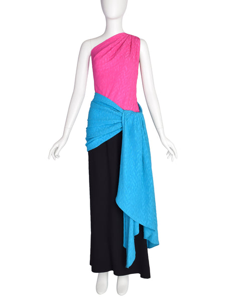 Yves Saint Laurent Vintage SS 1985 Pink Black Blue Colorblock One Shoulder Gown Dress