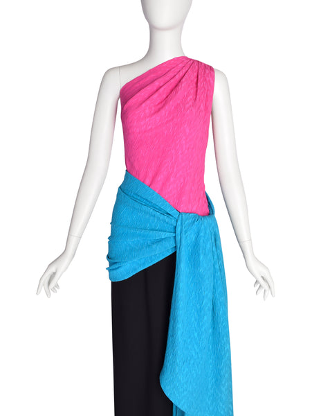 Yves Saint Laurent Vintage SS 1985 Pink Black Blue Colorblock One Shoulder Gown Dress