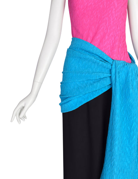 Yves Saint Laurent Vintage SS 1985 Pink Black Blue Colorblock One Shoulder Gown Dress