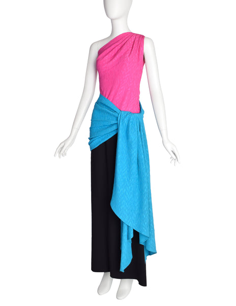Yves Saint Laurent Vintage SS 1985 Pink Black Blue Colorblock One Shoulder Gown Dress