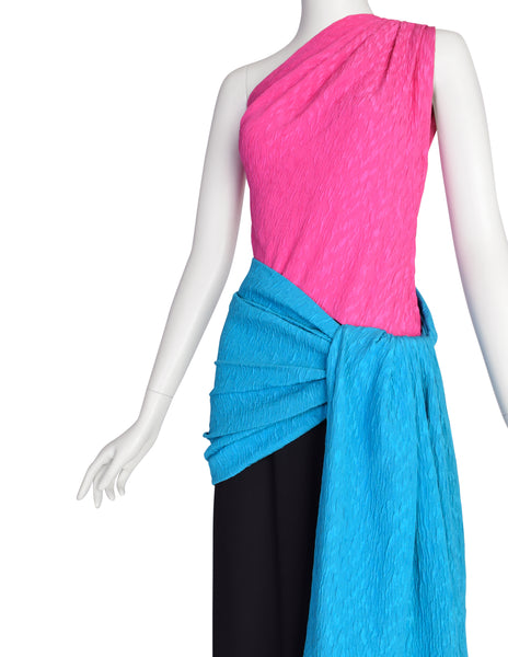 Yves Saint Laurent Vintage SS 1985 Pink Black Blue Colorblock One Shoulder Gown Dress