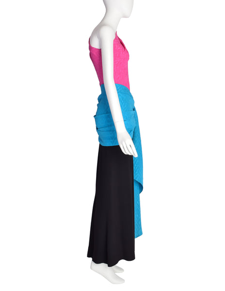 Yves Saint Laurent Vintage SS 1985 Pink Black Blue Colorblock One Shoulder Gown Dress