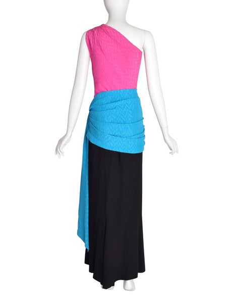 Yves Saint Laurent Vintage SS 1985 Pink Black Blue Colorblock One Shoulder Gown Dress