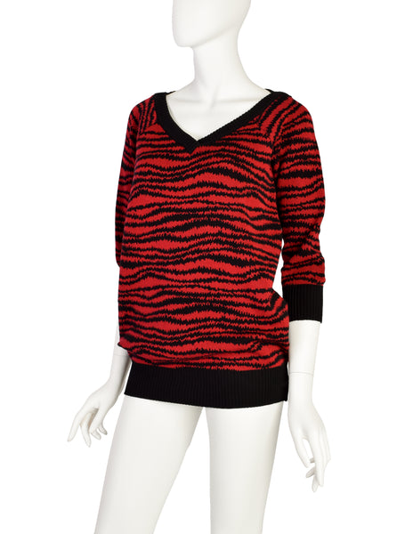 Yves Saint Laurent Vintage 1970s Red Black Striped Cotton Knit Sweater