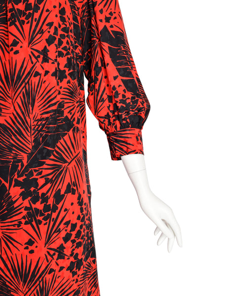 Yves Saint Laurent Vintage SS 1985 Red Black Leaf Print Silk Jacquard Dress