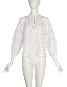 Yves Saint Laurent Vintage SS 1977 White Windowpane Cotton Embroidered Floral Trim Top
