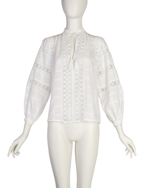 Yves Saint Laurent Vintage SS 1977 White Windowpane Cotton Embroidered Floral Trim Top