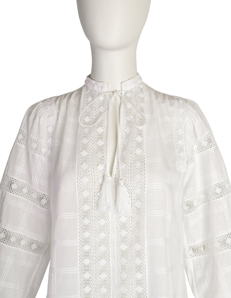 Yves Saint Laurent Vintage SS 1977 White Windowpane Cotton Embroidered Floral Trim Top