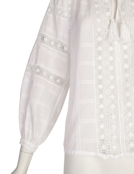 Yves Saint Laurent Vintage SS 1977 White Windowpane Cotton Embroidered Floral Trim Top