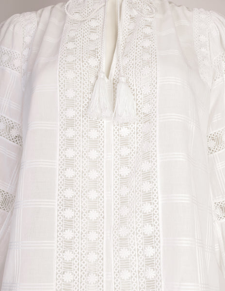 Yves Saint Laurent Vintage SS 1977 White Windowpane Cotton Embroidered Floral Trim Top